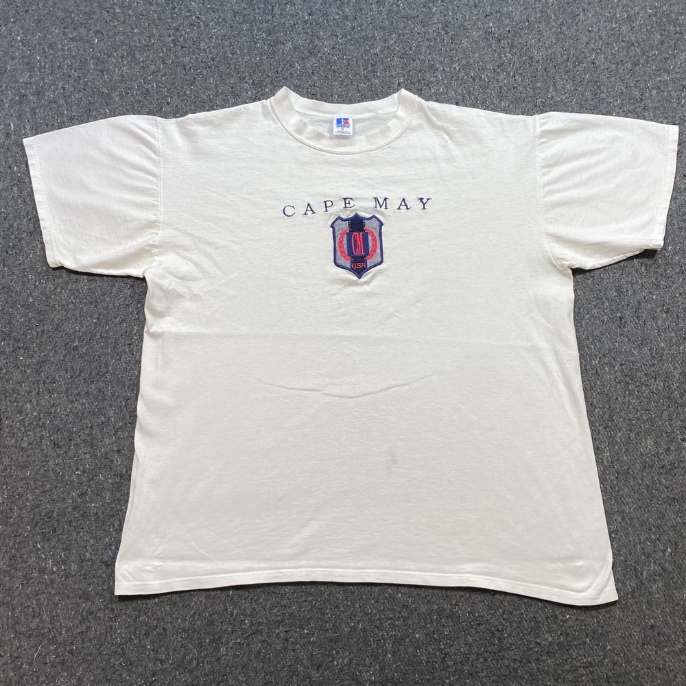 Russell Athletic TShirt Sz XL Mens White Skater Cape May USA Embroidered Crest